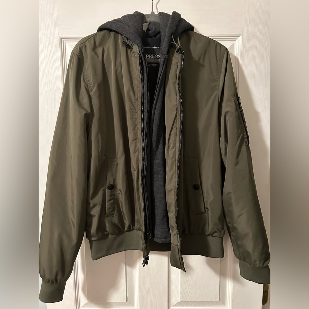 Express Men’s Olive Green Bomber Jacket w/ Removable Hood – Size L